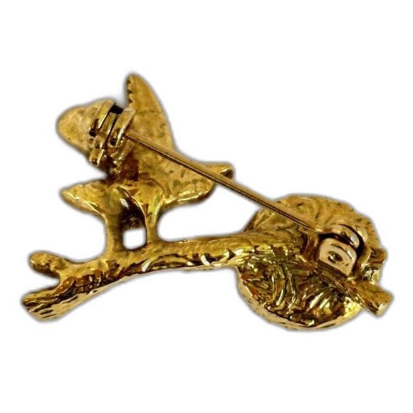 Bird on Branch with Nest Brooch Gold Tone Faux Pearl Eggs Pin - Picture 2 of 5